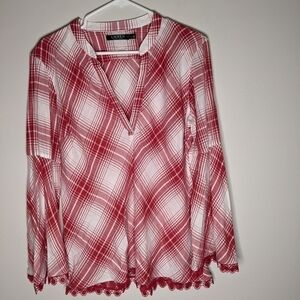 Ralph Lauren Plaid Top Tunic Red and White Plaid Crocheted Trim Large
